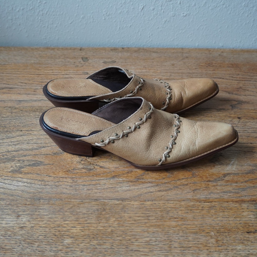 Sonora Double-H Size 8 Clogs Tan Leather Western Mules Whipstitch Studded - Picture 2 of 8